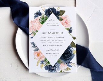 Blue Blush Floral Bridal Shower Invitation Template Printable Pink Navy Flower DIY Instant Download Digital Editable Wedding Invite Templett