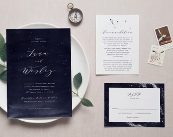 Starry Night Wedding Invitation Template Set Printable Space Star 3pcs Suite Instant Download Editable Invite Celestial Nebula Luna Templett