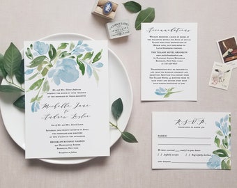 Blue Floral Wedding Invitation Template Set Printable Watercolor Greenery Suite Instant Download Editable Invites 3 pcs Michelle Templett