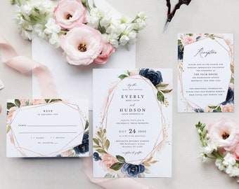 Geometric Rose Wedding Invitation Template Set Printable Blush Navy Pink Floral 3pcs Suite Instant Download Editable Invites Everly Templett