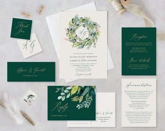 Printable Wedding Invitation Template Set Emerald Gold Monogram Suite Greenery Wreath DIY Instant Download Editable Invites Jade Templett