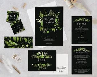 Woodland Botanical Wedding Invitation Template Set Printable Greenery Wedding Suite DIY Instant Download Editable Invites Dark Ivy Templett