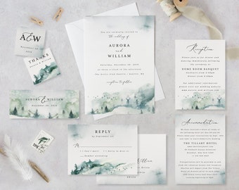 Woodland Wedding Invitation Template Printable Forest Mountain Wedding Invite Set Digital Instant Download Editable Suite Aurora Templett