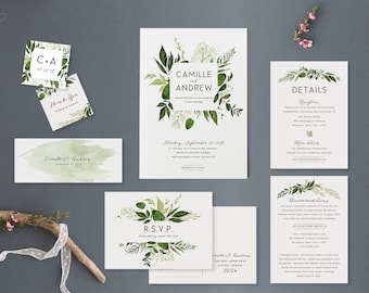 Woodland Botanical Wedding Invitation Template Set Printable Greenery Wedding Suite Digital Instant Download Editable Invites Ivy Templett