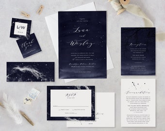 Starry Night Wedding Invitation Template Set Printable Space Star Suite DIY Instant Download Editable Invites Celestial Nebula Luna Templett