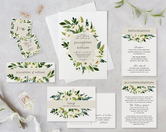 Printable Wedding Invitation Template Set White Floral Light Green Suite Instant Download DIY Digital Editable Invites Josephine Templett