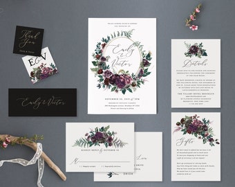 Rustic Woodland Wedding Invitation Template Set Printable Floral Fern Purple Suite Instant Download DIY Editable PDF Invites Emily Templett