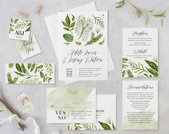 Modern Woodland Wedding Invitation Template Set Printable Greenery Wedding Suite Digital Instant Download Editable Invites Adele Templett