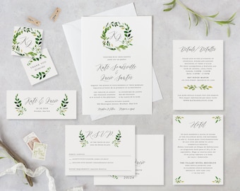 Bilingual Wedding Invitation Template Set Printable Formal Monogram Greenery Wreath Suite Digital Instant Download Editable Invites Templett