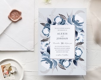 Silver Blue Wedding Invitation Template Printable Watercolor Grey Floral DIY Instant Download Digital Editable PDF Invites Alexis Templett