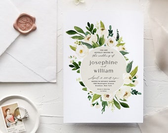 Printable Wedding Invitation Template White Floral Light Green Leaves Instant Download Digital Editable Botanical Invites Josephine Templett