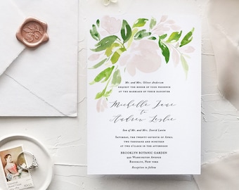 Blush Floral Wedding Invitation Template Printable Watercolor Greenery Botanical Invites Instant Download DIY Editable PDF Michelle Templett