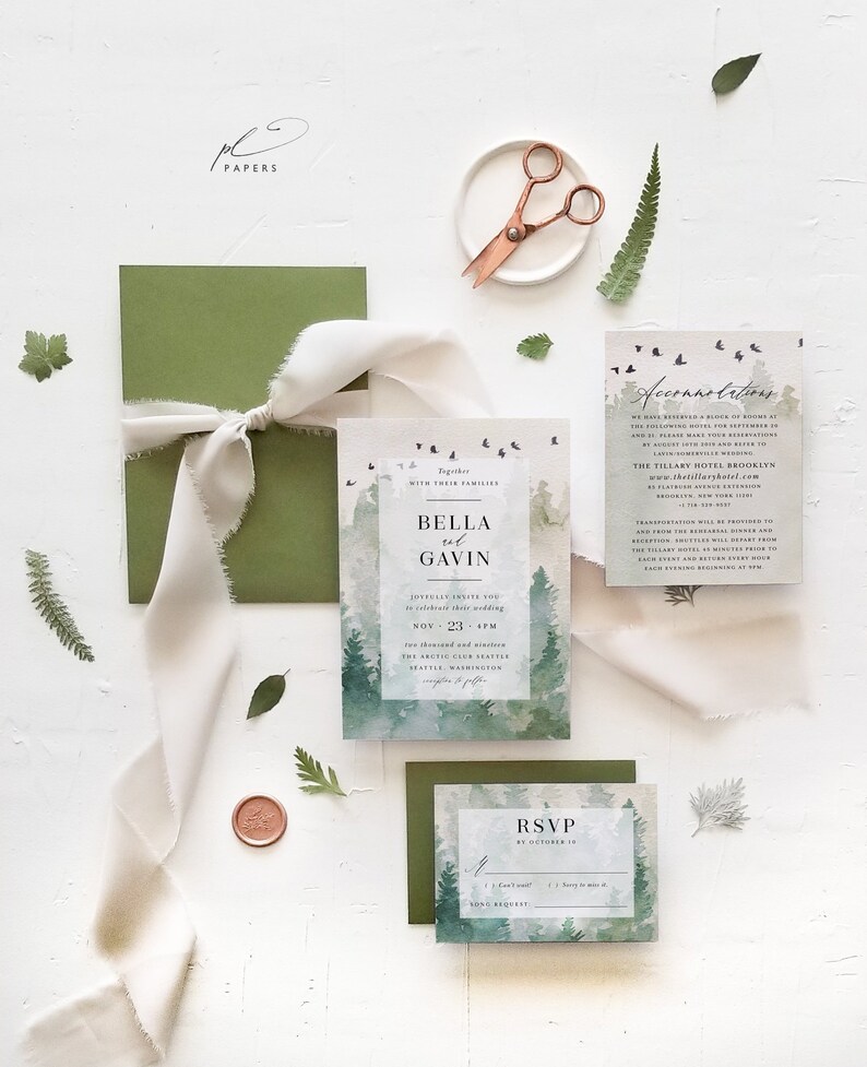 Forest Wedding Invitation Template Set Printable Outdoor Woodland Mountain DIY 3pcs Suite Instant Download Editable Invites Bella Templett
