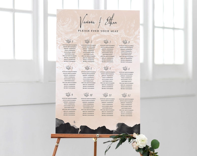 Printable Gothic Wedding Seating Chart Template Instant Download Editable Wedding Sign Decoration PDF Dark Vintage Roses Vanessa Templett image 1