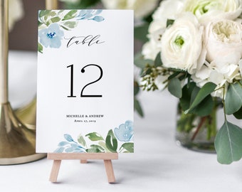 Table Numbers Template Printable Wedding Table Numbers Instant Download Decorations DIY Digital Editable PDF Blue Greenery Michelle Templett