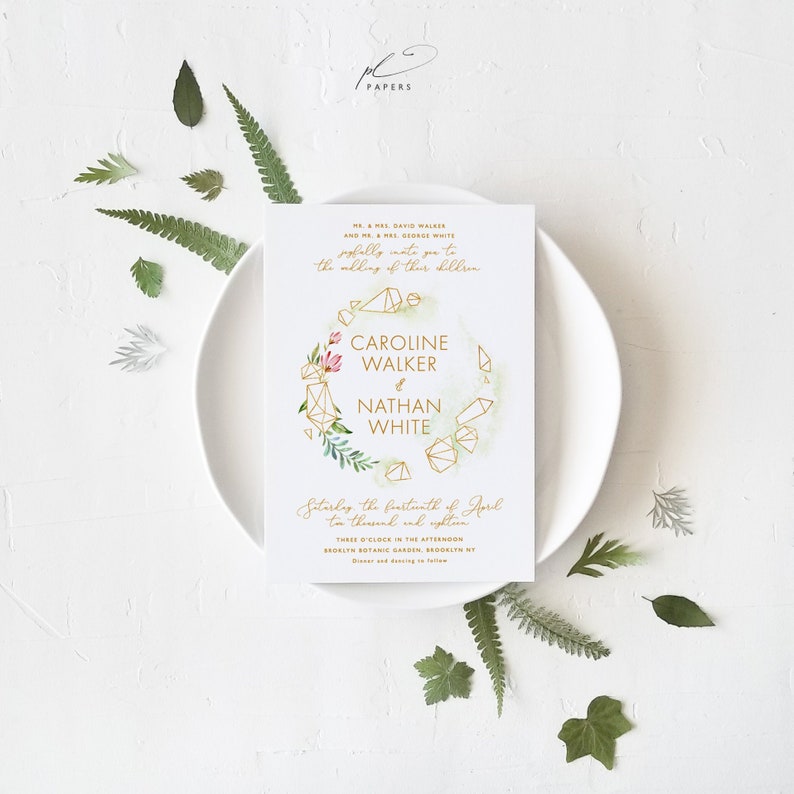 Geometric Gold Wedding Invitation Template Printable Modern Watercolor Greenery Invites Digital Instant Download Editable Caroline Templett