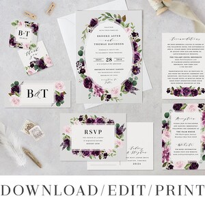 Purple Wedding Invitation Template Bundle Printable Instant Download ...