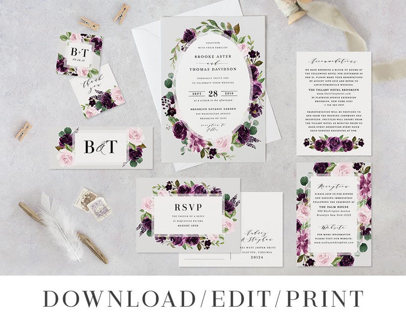 Purple Wedding Invitation Template Bundle Printable Instant - Etsy