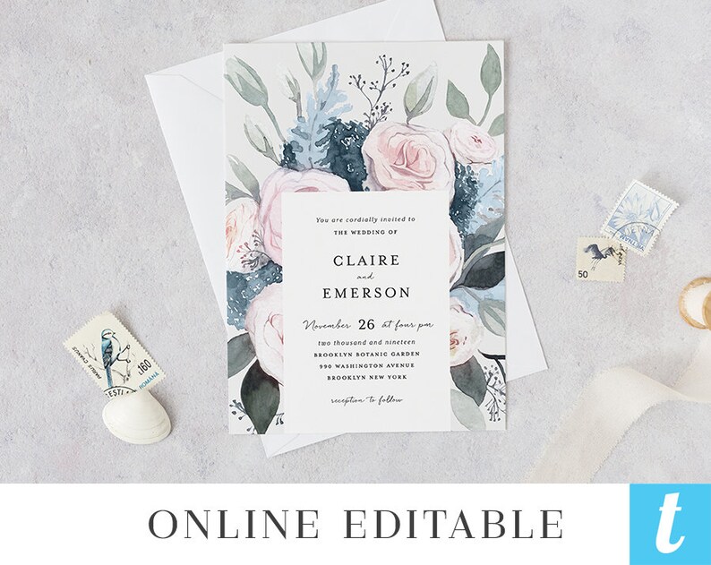 Dusty Blue Blush Floral Wedding Invitation Template