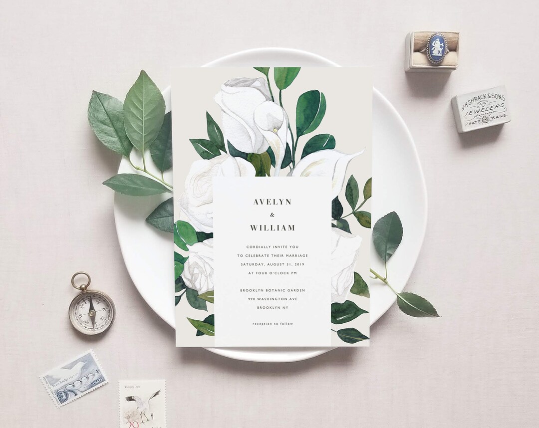 Elegant Floral Wedding Invitation Template Printable White Flower Green ...