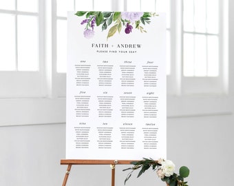 Purple Floral Wedding Seating Chart Template Printable Lavender Watercolor Greenery Signs DIY Instant Download Decorations Faith Templett