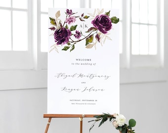 Purple Welcome Sign Template Printable Wedding Signage Instant Download Digital Decorations PDF Editable Plum Gold Floral, Abigail Templett