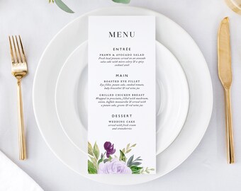 Wedding Menu Template Printable Purple Lavender Floral Menus DIY Editable Instant Download PDF Evening Table Dinner Decor PDF Faith Templett