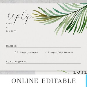 Tropical Greenery Wedding Invitation Template Suite Printable Digital Editable Destination Invite 3pcs Set Watercolor Leaves Carrie Templett image 7