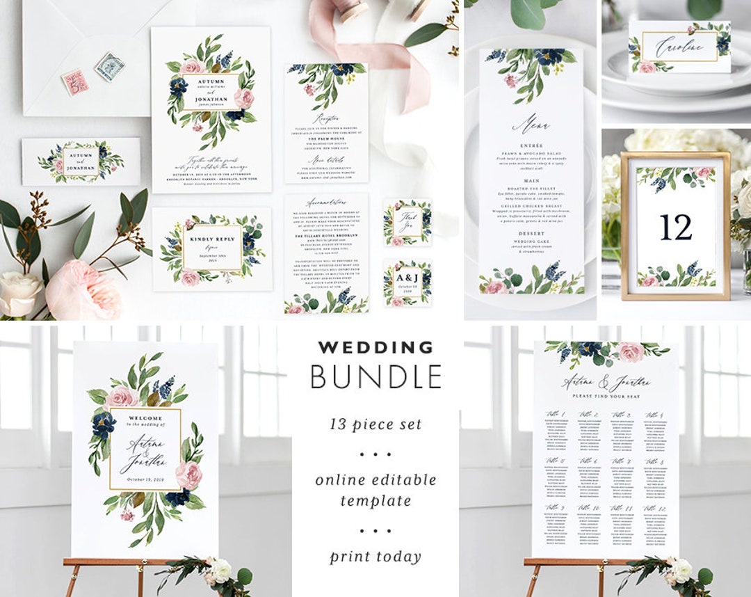 Wedding Invitation Template Bundle Printable Wedding Set Instant