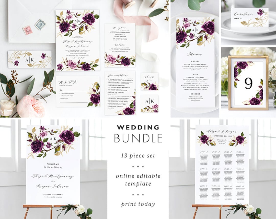 Purple Wedding Invitation Template Bundle Printable Instant Download ...