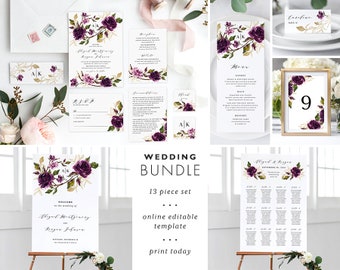 Purple Wedding Invitation Template Bundle Printable Instant Download DIY Editable Suite Plum Gold Floral Leaf Botanical Set Abigail Templett