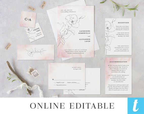 Printable Wedding Invitation Template Set Digital Instant Etsy