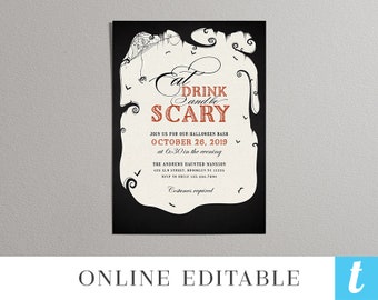 Printable Halloween Invitation Template Adult Kids Halloween Party Invites Editable Instant Download DIY PDF Eat Drink Scary Orange Templett