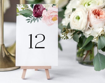 Table Numbers Template, Printable Wedding Table Numbers, Instant Download Decorations, DIY Editable, Fall Burgundy Light Blush, Ava Templett