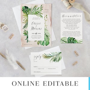 Tropical Greenery Wedding Invitation Template Suite Printable Digital Editable Destination Invite 3pcs Set Watercolor Leaves Carrie Templett image 3