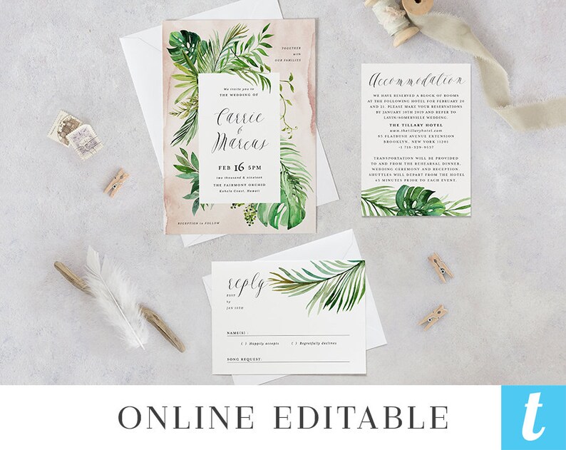 Tropical Greenery Wedding Invitation Template Suite Printable Digital Editable Destination Invite 3pcs Set Watercolor Leaves Carrie Templett image 3