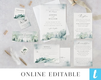 Printable Wedding Invitation Template, Wedding Invite Set, Digital Instant Download Editable Suite, Woodland Forest Mountain Aurora Templett