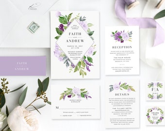 Purple Floral Wedding Invitation Template Set Printable Lavender Watercolor Greenery Suite Instant Download Editable Invites Faith Templett