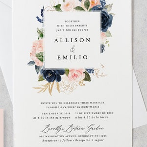Bilingual Blush Wedding Invitation Template Printable Navy Peony Rose Pink Floral DIY Editable Instant Download Invites Brianna B Templett image 3