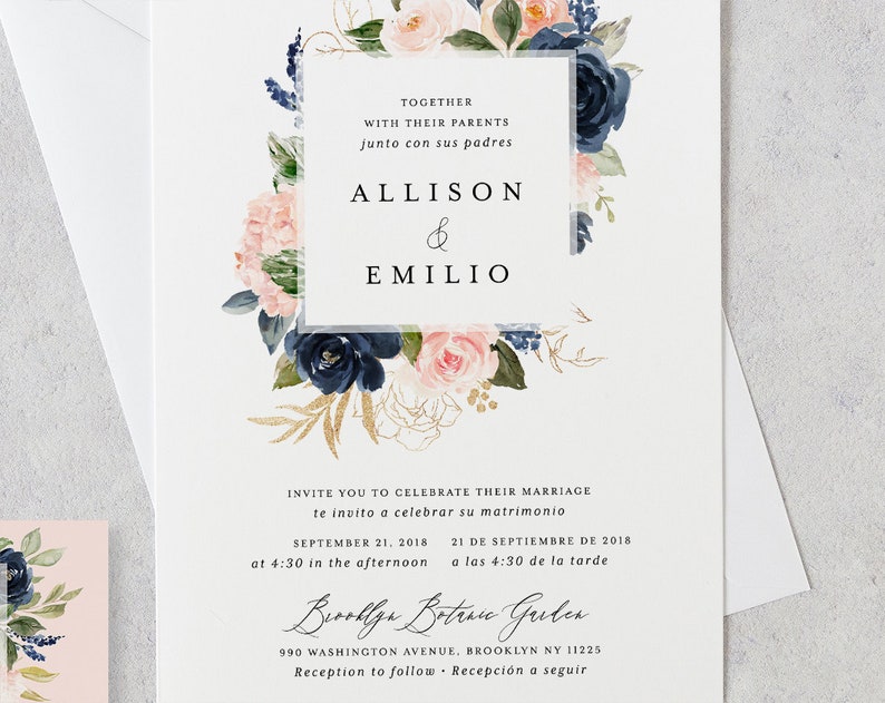 Bilingual Blush Wedding Invitation Template Printable Navy Peony Rose Pink Floral DIY Editable Instant Download Invites Brianna B Templett image 3