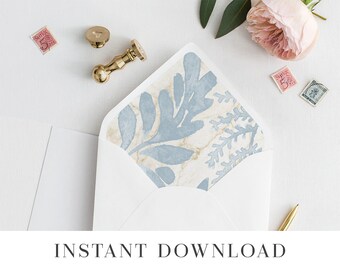 Printable Wedding Envelope Liner, Envelope Liners, Floral Envelope Insert, A7 Envelope Liner Template, Dusty Blue Leafy Fern Foliage Audrey