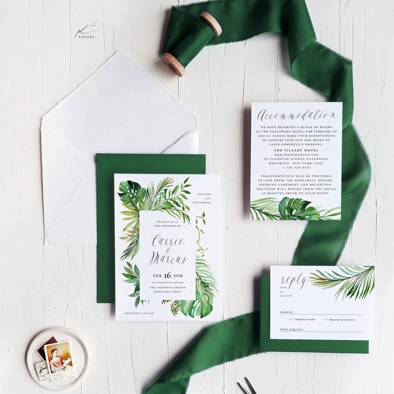 Tropical Greenery Wedding Invitation Template Suite Printable Digital Editable Destination Invite 3pcs Set Watercolor Leaves Carrie Templett image 1