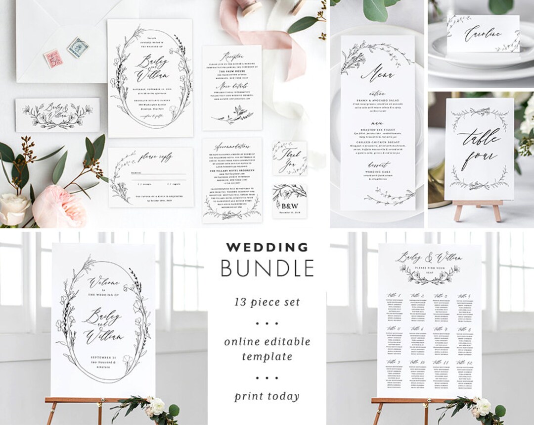 Wedding Invitation Template Bundle Printable Set Instant Download DIY
