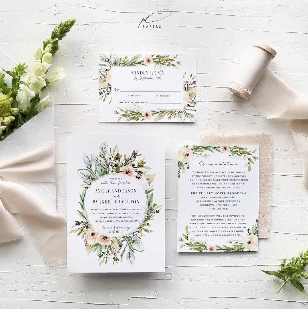 Wildflower Wedding Invitation Template Set Printable Rustic Pink Floral Editable 3pcs Suite ...