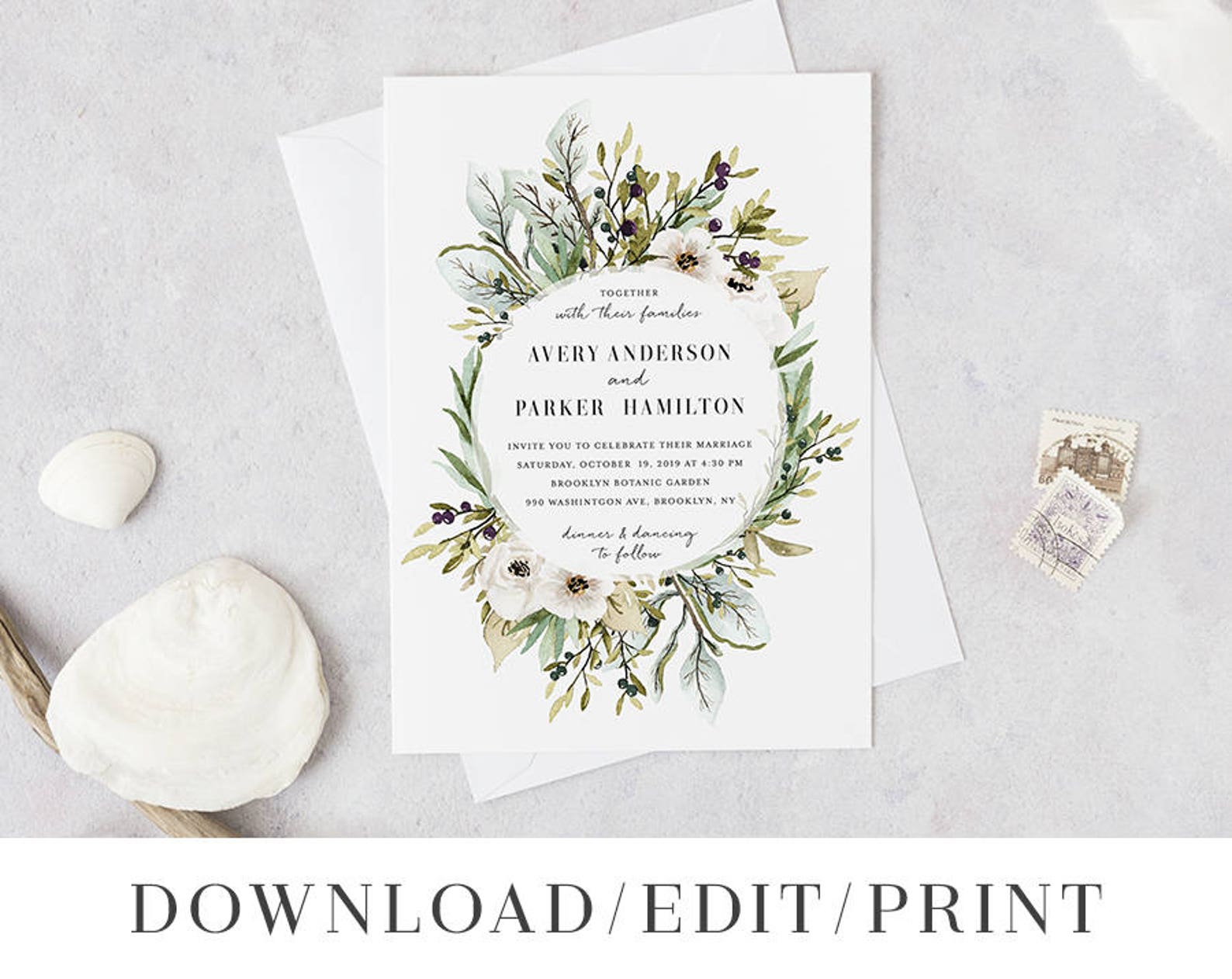 Wildflower Wedding Invitation Template Printable Rustic White | Etsy