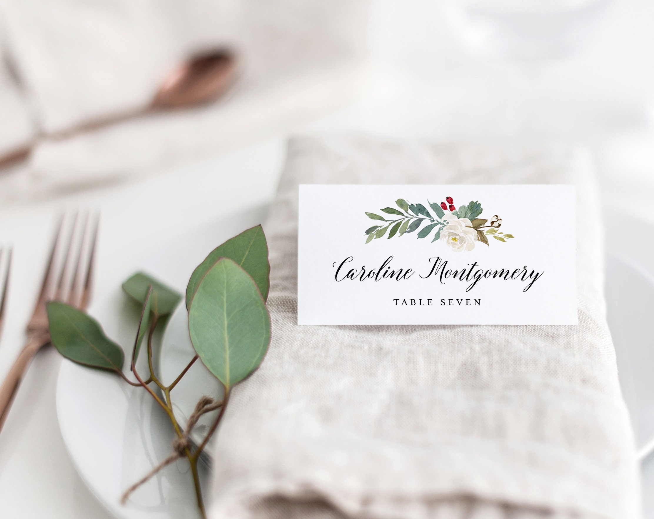 Printable Winter Wedding Place Card Template Instant Download Seating Name  Card Editable Table Cards Rustic Christmas Floral Holly Templett Throughout Christmas Table Place Cards Template