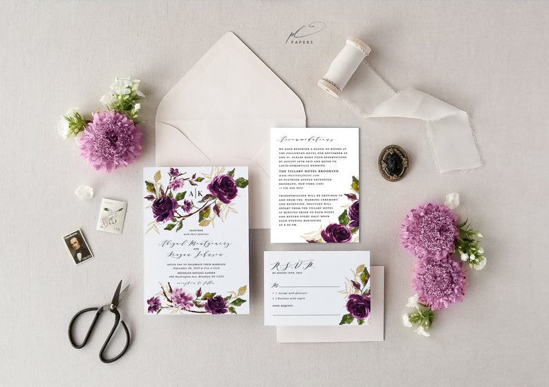 Printable Wedding Invitation Template Set Purple Digital Instant Download Editable 3 pcs Plum Gold Floral Leaf Botanical Abigail Templett image 1