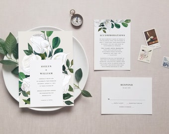 Elegant Floral Wedding Invitation Template Set Printable White Flower Green Leaves 3pcs Suite DIY Instant Download Invites Avelyn Templett