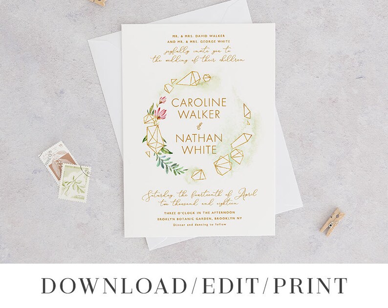 Geometric Gold Wedding Invitation Template Printable Modern Watercolor Greenery Invites Digital Instant Download Editable Caroline Templett