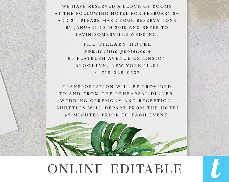 Tropical Greenery Wedding Invitation Template Suite Printable Digital Editable Destination Invite 3pcs Set Watercolor Leaves Carrie Templett image 6